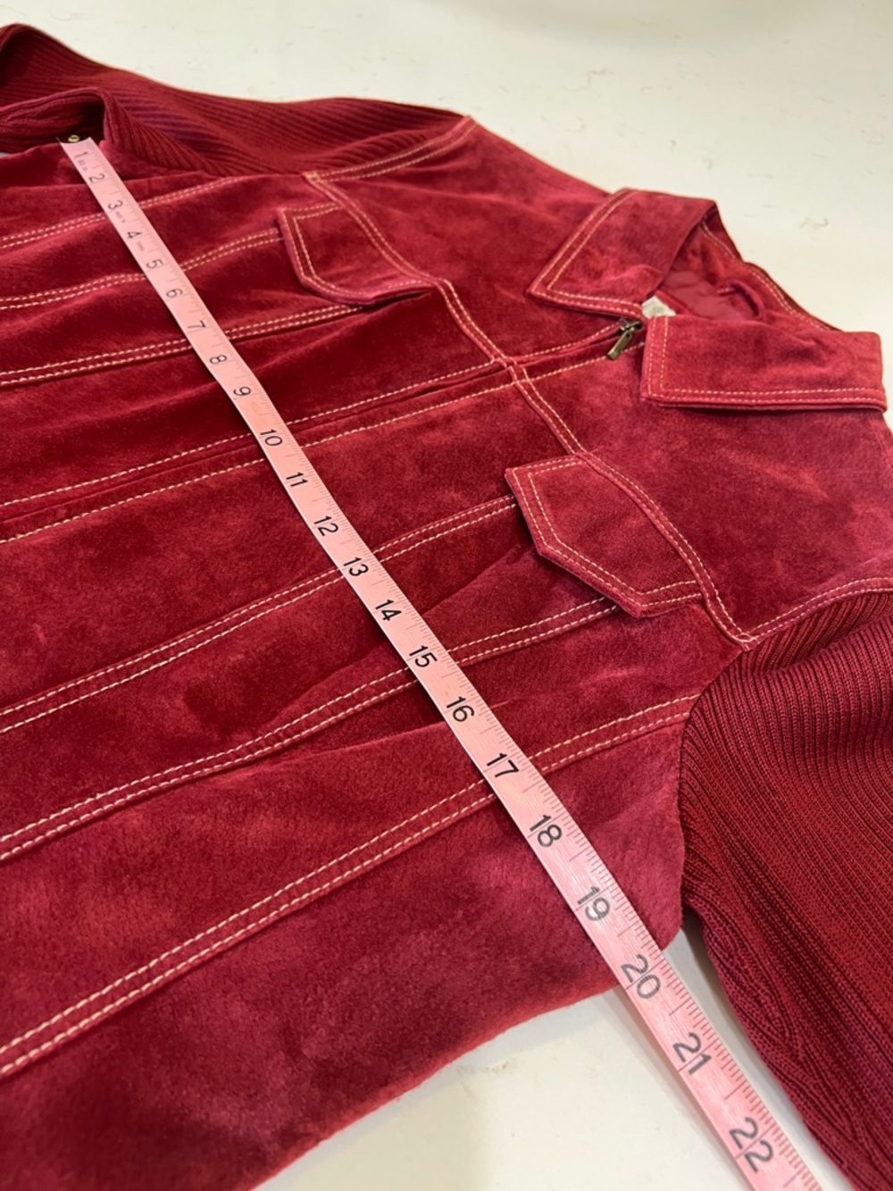 Coldwater Creek Burgundy Deep Red Leather Jacket Rib Knit Sleeve Mixed Media - Picture 8 of 9